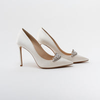 Jimmy Choo White Satin Romy 100 with Crystal Embellishment Heels Size 39.5