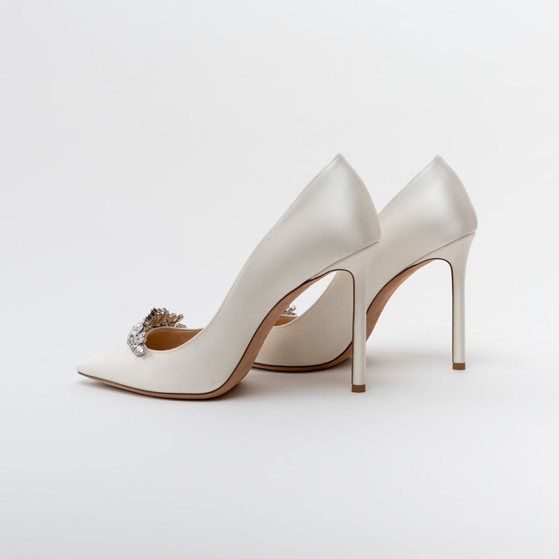 Jimmy Choo White Satin Romy 100 with Crystal Embellishment Heels Size 39.5