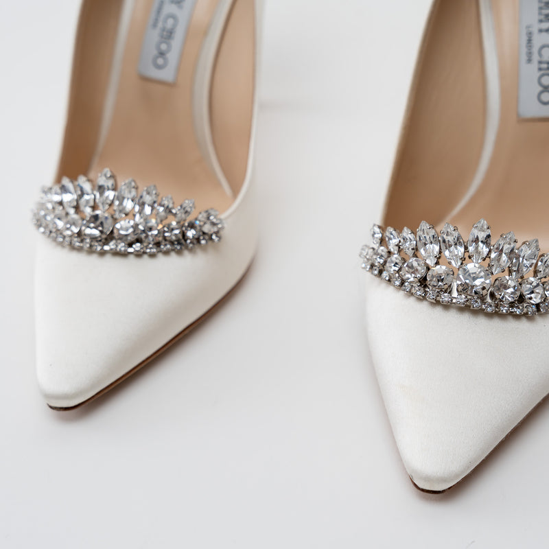 Jimmy Choo White Satin Romy 100 with Crystal Embellishment Heels Size 39.5