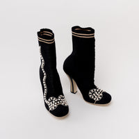Fendi Black Knit Pearl Detail Ankle Boot Heel Size 40
