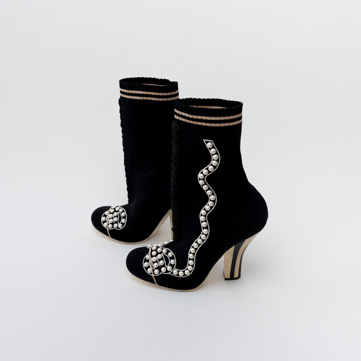 Fendi Black Knit Pearl Detail Ankle Boot Heel Size 40