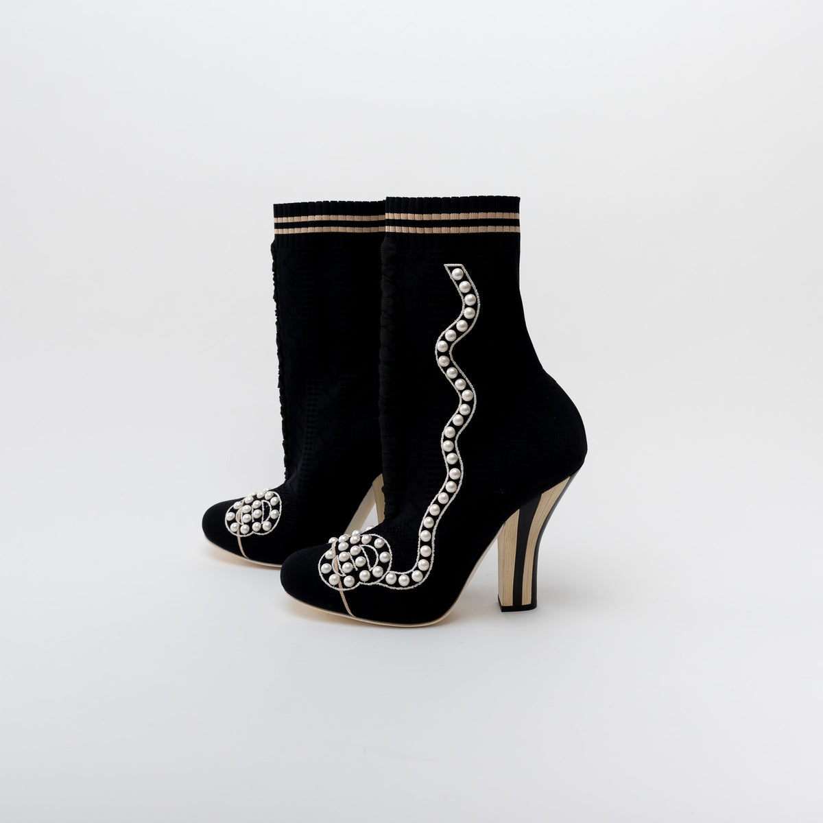 Fendi Black Knit Pearl Detail Ankle Boot Heel Size 40