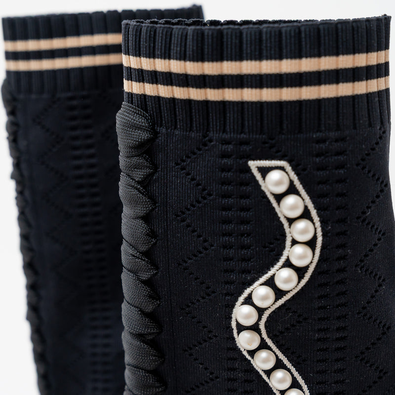 Fendi Black Knit Pearl Detail Ankle Boot Heel Size 40