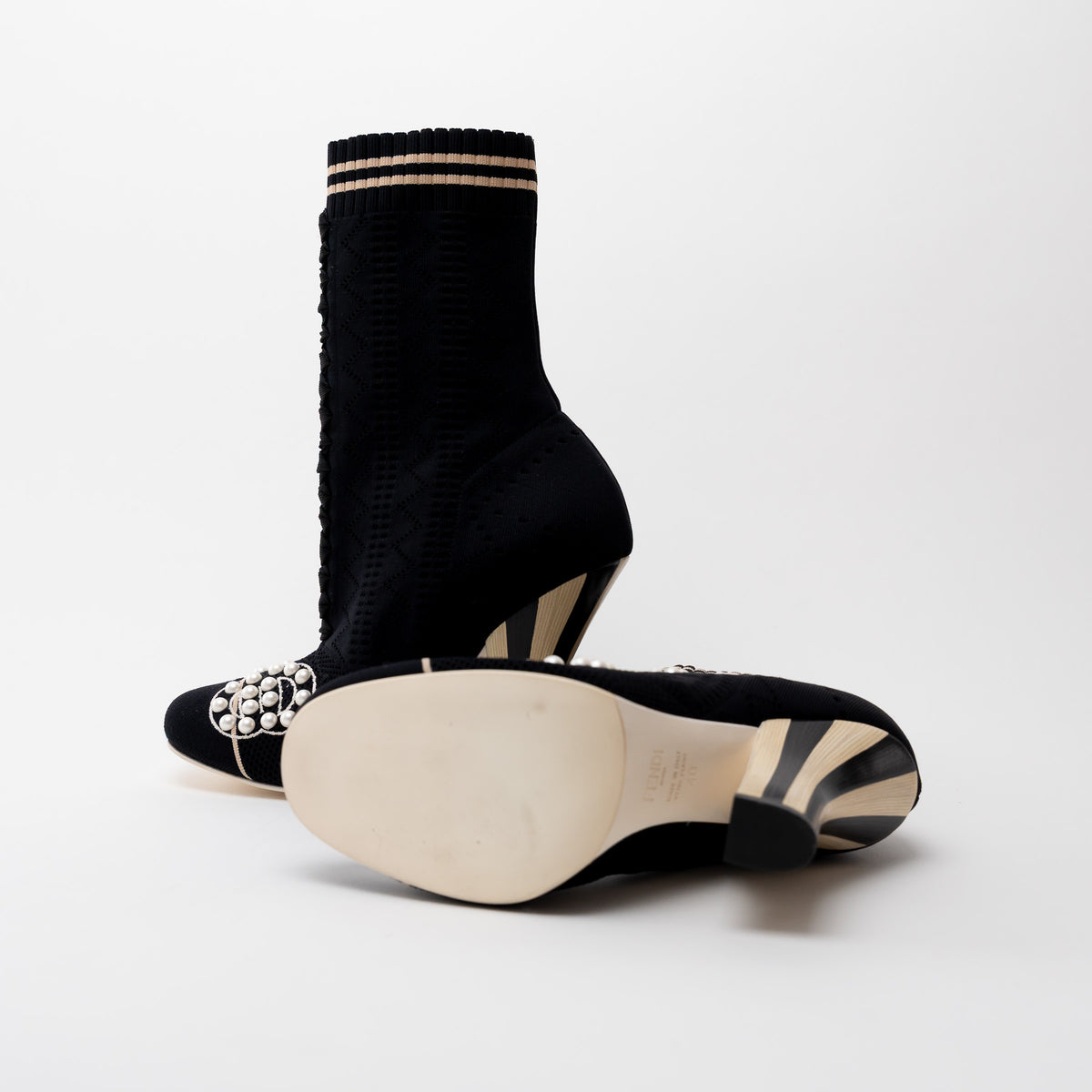 Fendi Black Knit Pearl Detail Ankle Boot Heel Size 40
