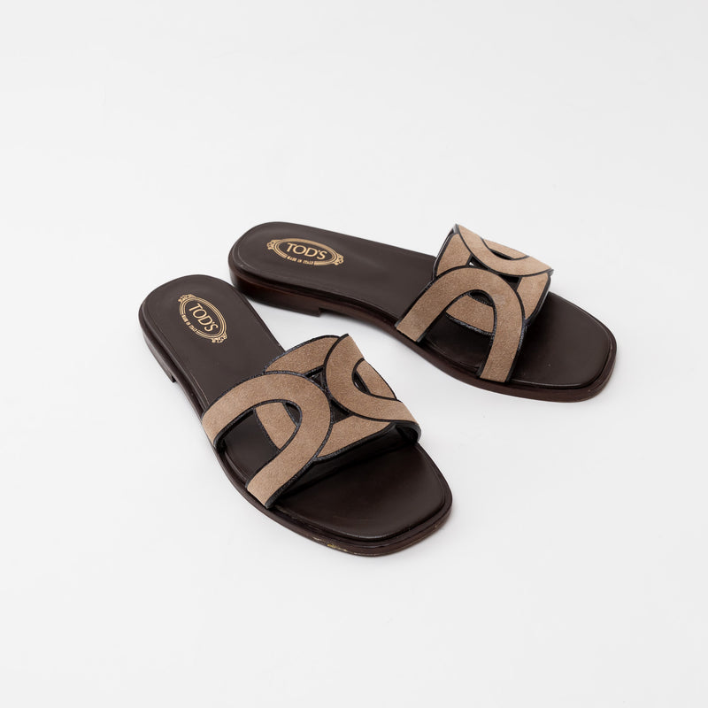 TOD'S Brown Suede Chain Motif Slide Sandals Size 37