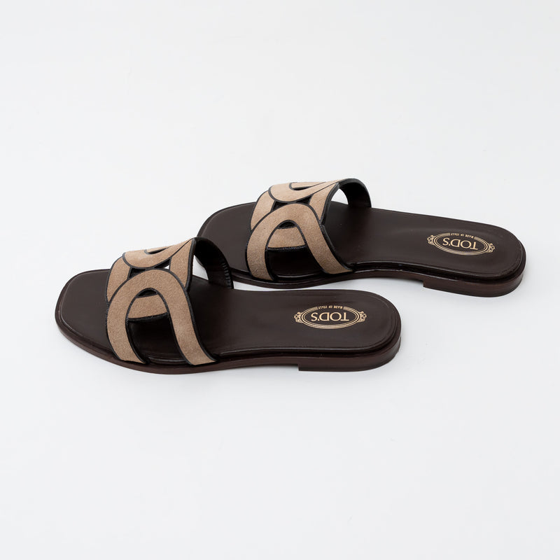 TOD'S Brown Suede Chain Motif Slide Sandals Size 37