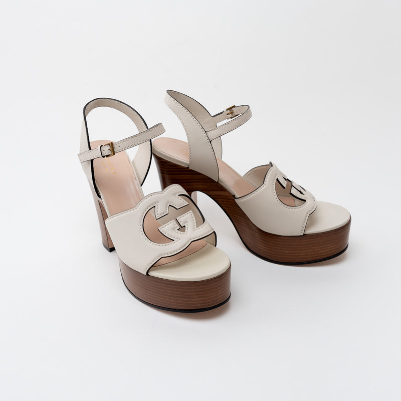 Gucci Cream Leather Interlocking G Cutout Platform Sandal Size 41.5