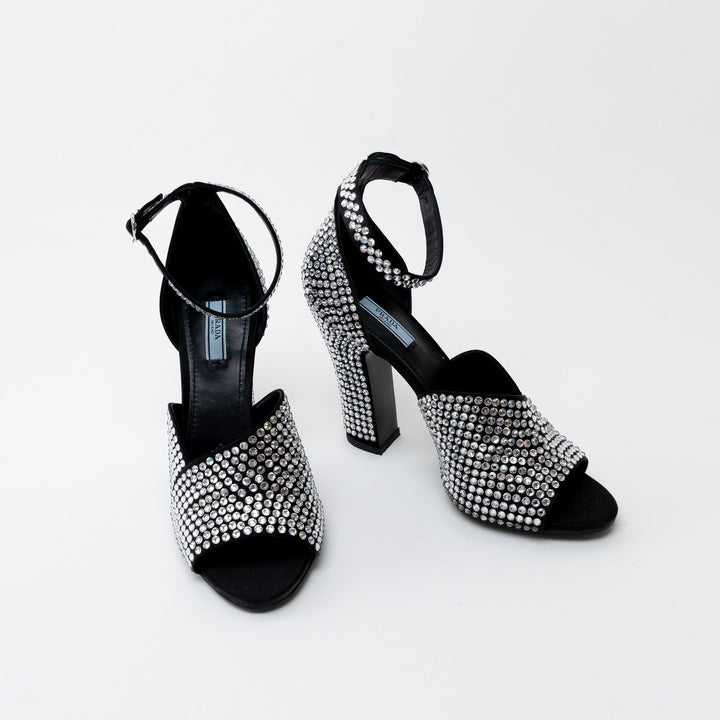 Prada Black Satin Crystal Embellished Sandals Size 41