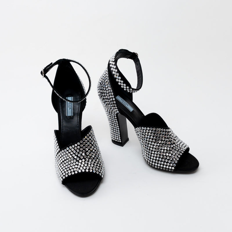 Prada Black Satin Crystal Embellished Sandals Size 41