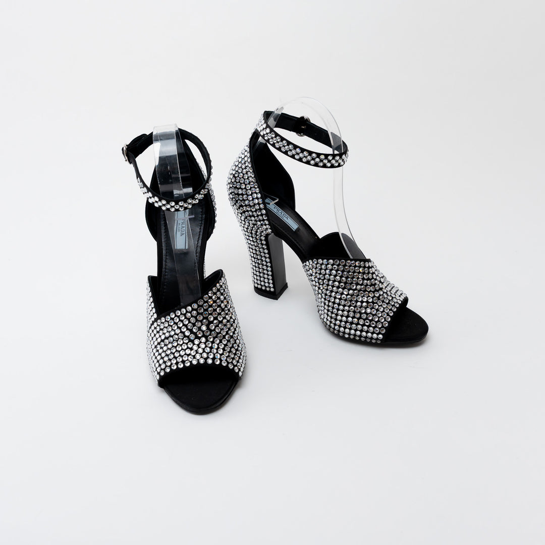 Prada Black Satin Crystal Embellished Sandals Size 41