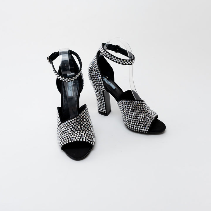 Prada Black Satin Crystal Embellished Sandals Size 41