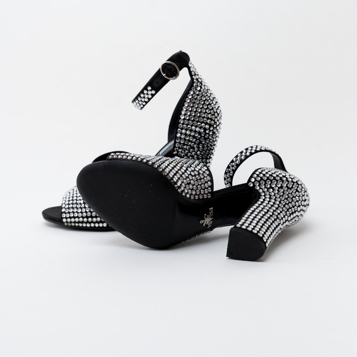 Prada Black Satin Crystal Embellished Sandals Size 41