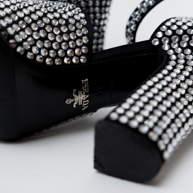 Prada Black Satin Crystal Embellished Sandals Size 41