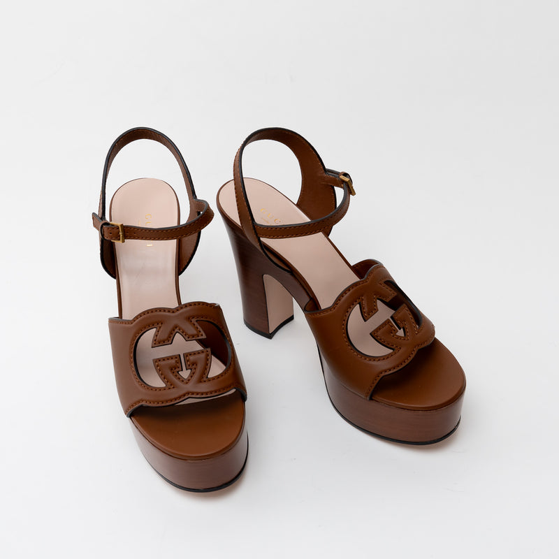 Gucci Brown Leather Interlocking G Cutout Platform Sandal Size 40/ Size 41
