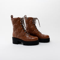 Gucci Monogram Brown Leather Combat Boots Size 38.5