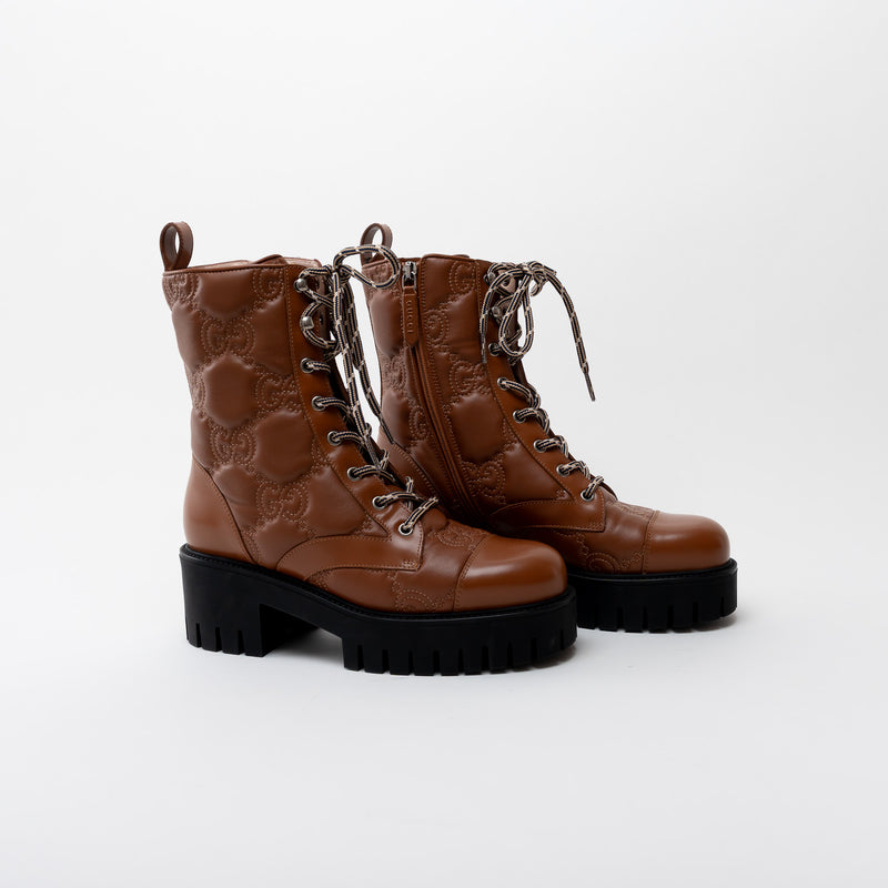 Gucci Monogram Brown Leather Combat Boots Size 38.5