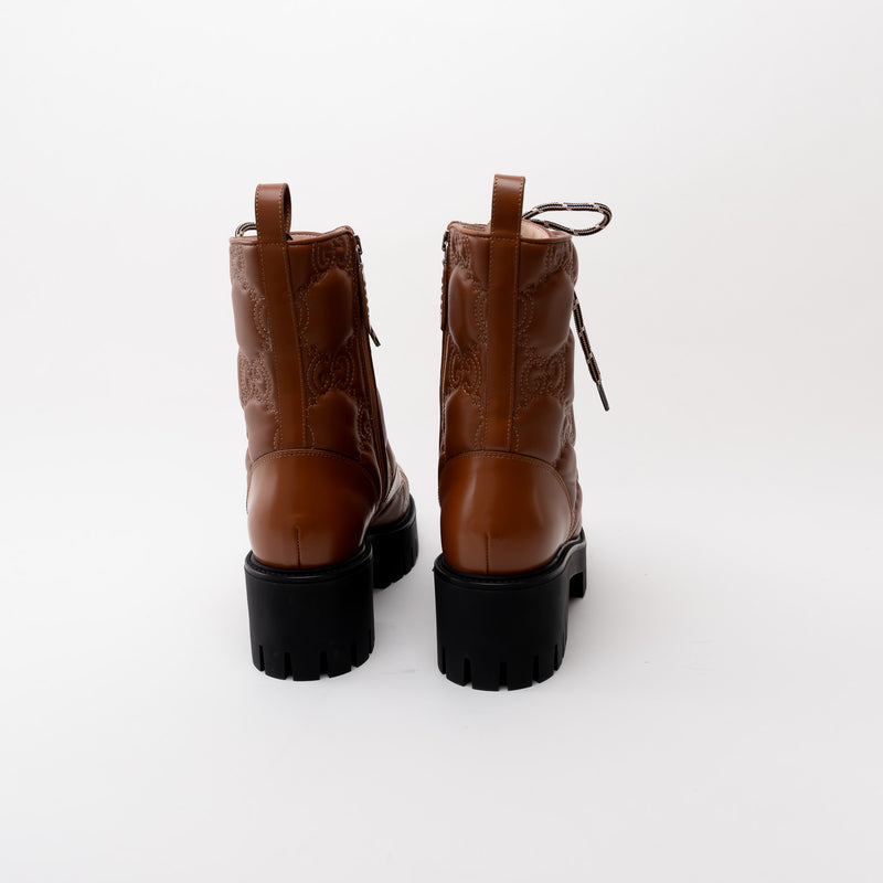 Gucci Monogram Brown Leather Combat Boots Size 38.5