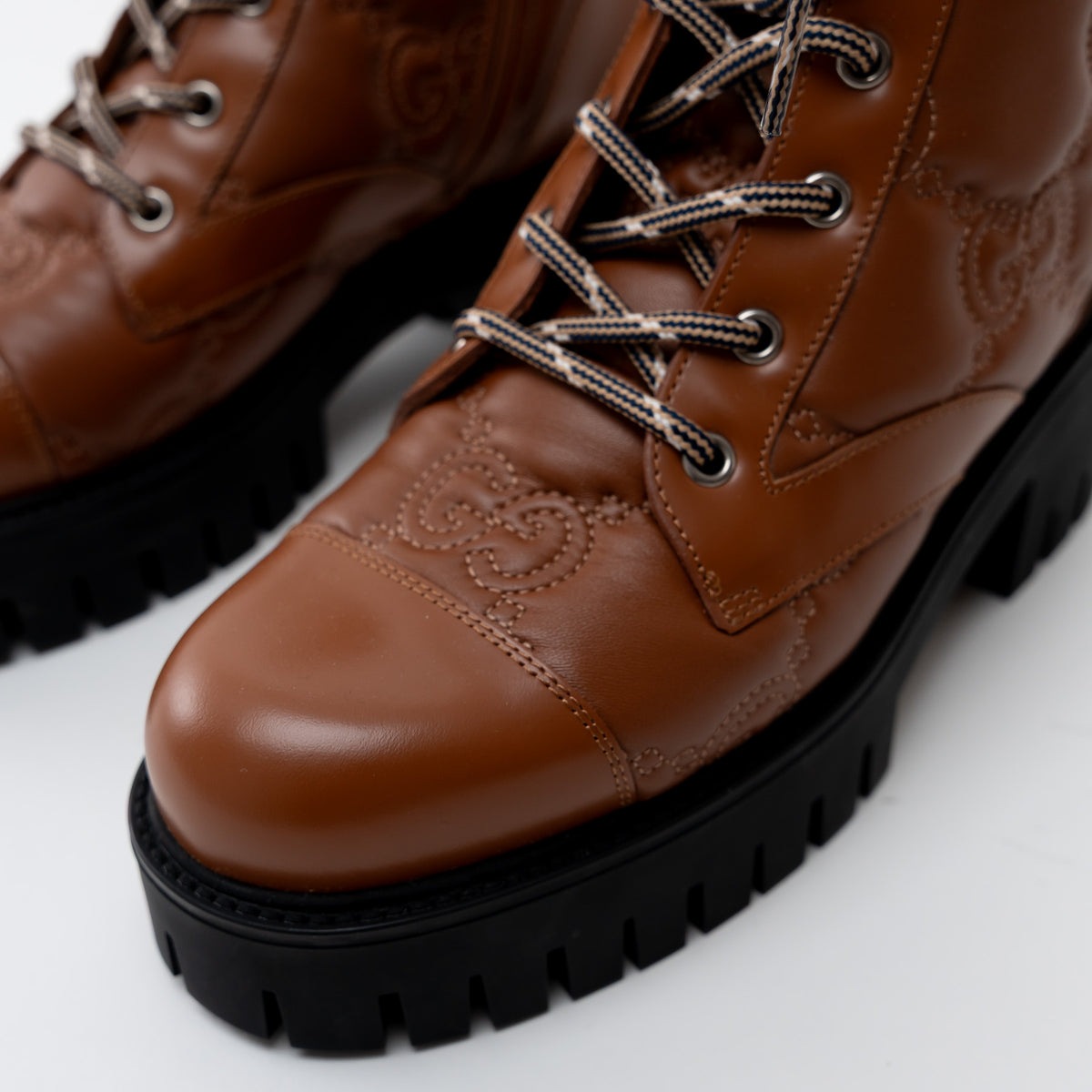 Gucci Monogram Brown Leather Combat Boots Size 38.5