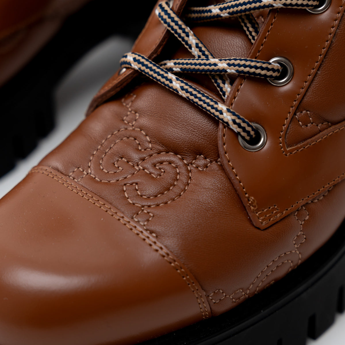Gucci Monogram Brown Leather Combat Boots Size 38.5
