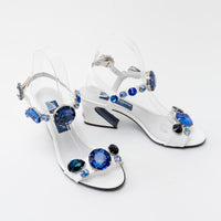 Dolce & Gabbana White Patent Leather Sandals with Blue Crystal Embellishments Size 39
