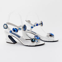 Dolce & Gabbana White Patent Leather Sandals with Blue Crystal Embellishments Size 39
