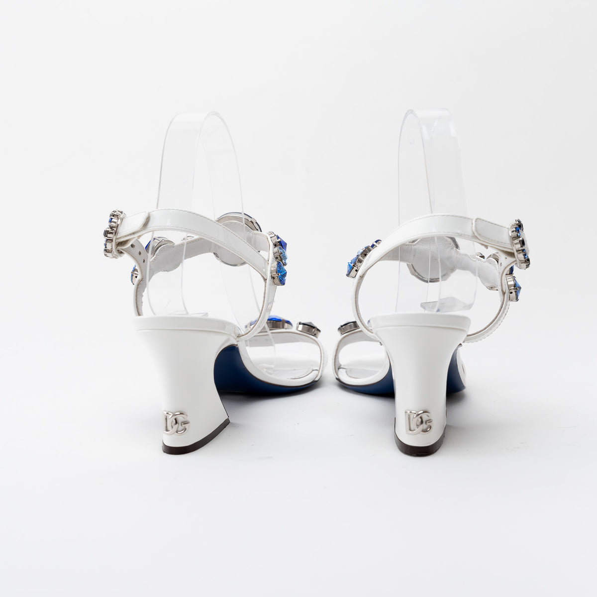 Dolce & Gabbana White Patent Leather Sandals with Blue Crystal Embellishments Size 39