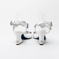 Dolce & Gabbana White Patent Leather Sandals with Blue Crystal Embellishments Size 39