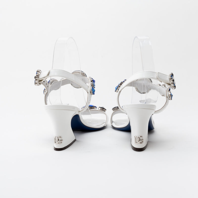 Dolce & Gabbana White Patent Leather Sandals with Blue Crystal Embellishments Size 39