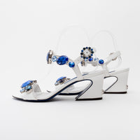 Dolce & Gabbana White Patent Leather Sandals with Blue Crystal Embellishments Size 39