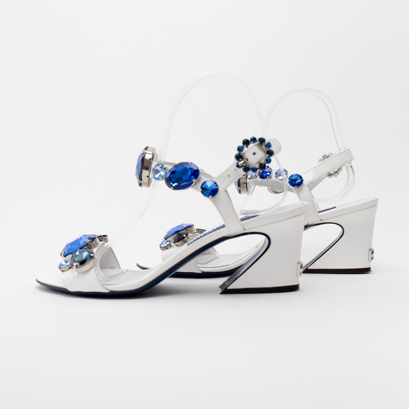 Dolce & Gabbana White Patent Leather Sandals with Blue Crystal Embellishments Size 39