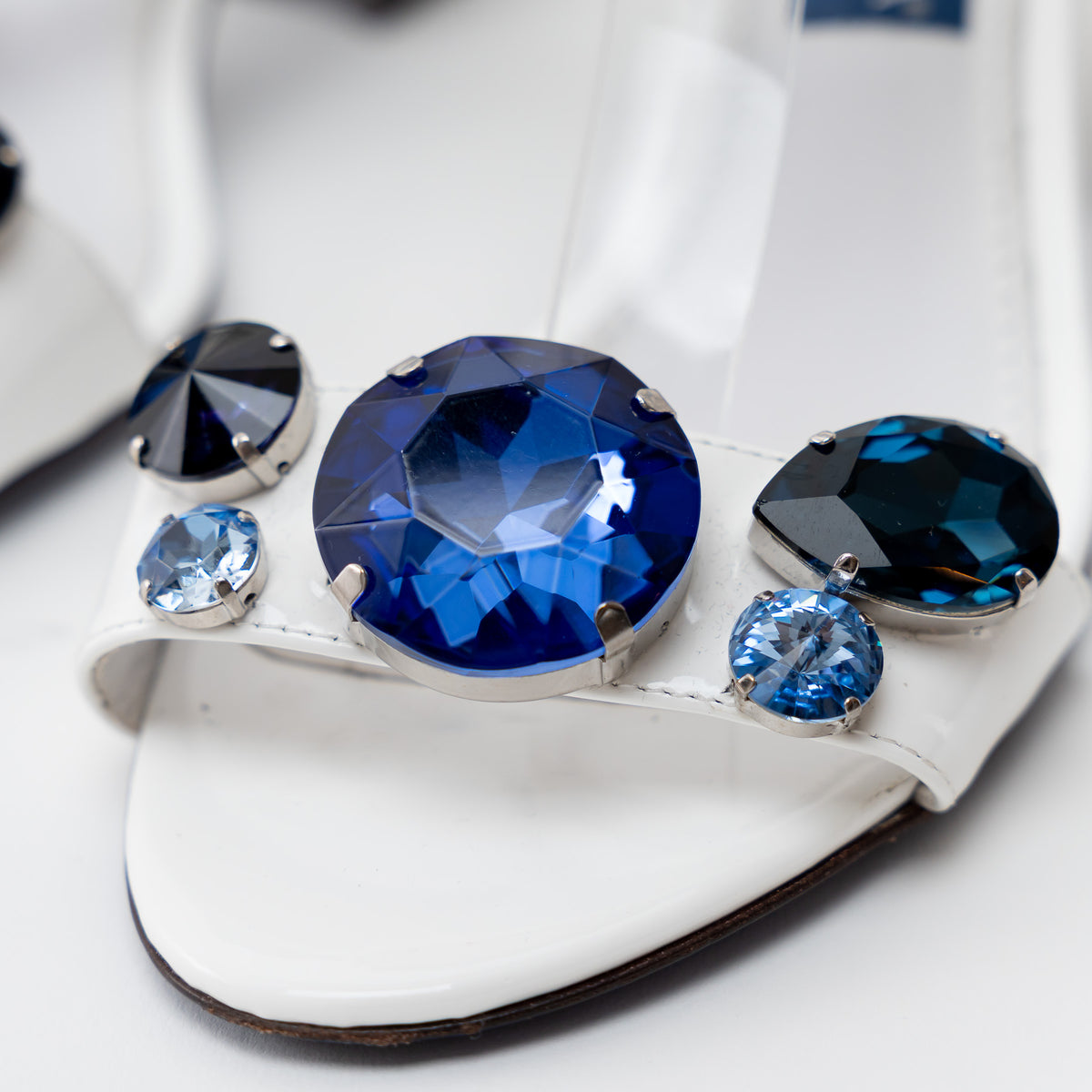 Dolce & Gabbana White Patent Leather Sandals with Blue Crystal Embellishments Size 39