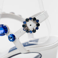 Dolce & Gabbana White Patent Leather Sandals with Blue Crystal Embellishments Size 39
