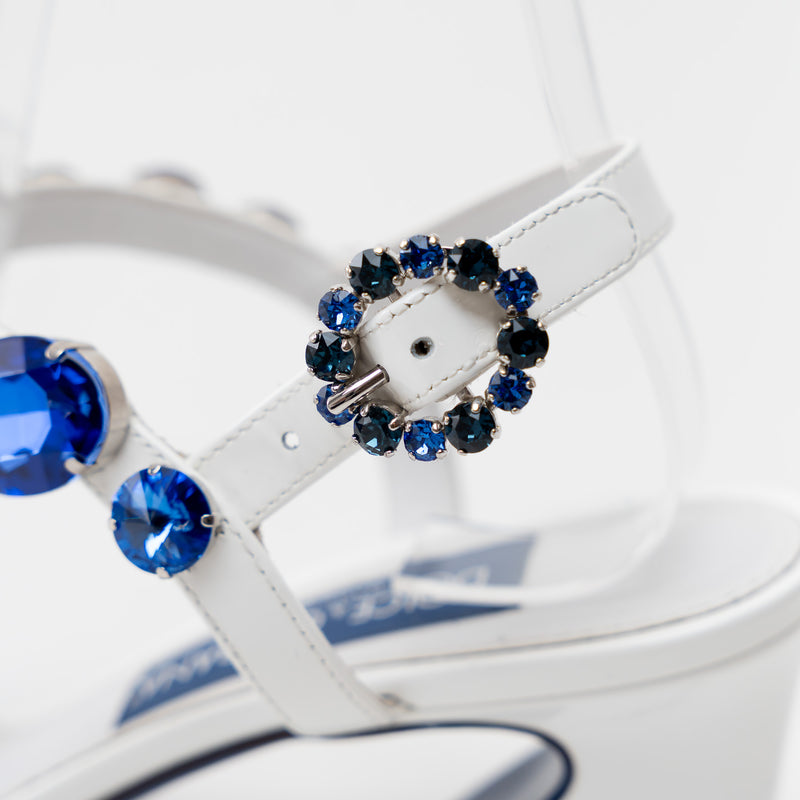 Dolce & Gabbana White Patent Leather Sandals with Blue Crystal Embellishments Size 39