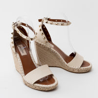 Valentino Light Ivory Espadrille Double Rockstud Grainy Calfskin Wedge Sandal Size 36