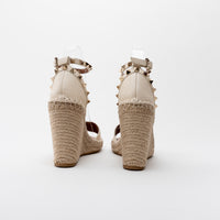 Valentino Light Ivory Espadrille Double Rockstud Grainy Calfskin Wedge Sandal Size 36