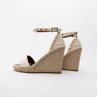 Valentino Light Ivory Espadrille Double Rockstud Grainy Calfskin Wedge Sandal Size 36
