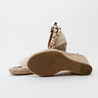 Valentino Light Ivory Espadrille Double Rockstud Grainy Calfskin Wedge Sandal Size 36