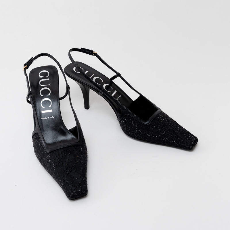 Gucci Black Double G Crystal Cloth Sandals Size 42