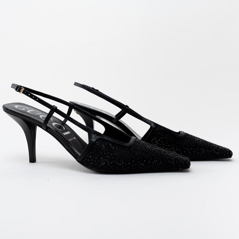 Gucci Black Double G Crystal Cloth Sandals Size 42
