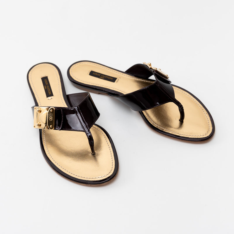 Louis Vuitton Black Patent Leather Thong Sandals Size 38