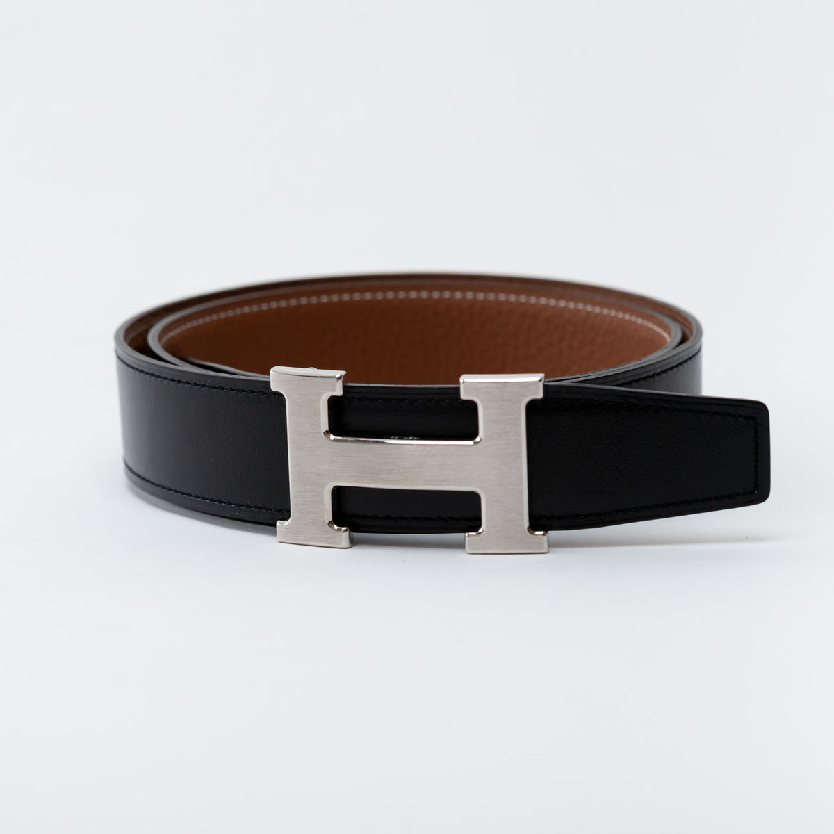 Hermes Black and Gold Leather Reversible Belt with Palladium H Belt Buckle Size 80