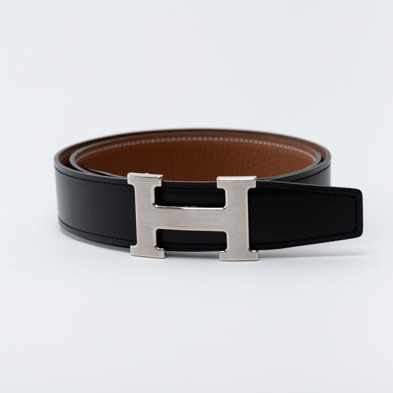 Hermes Black and Gold Leather Reversible Belt with Palladium H Belt Buckle Size 80