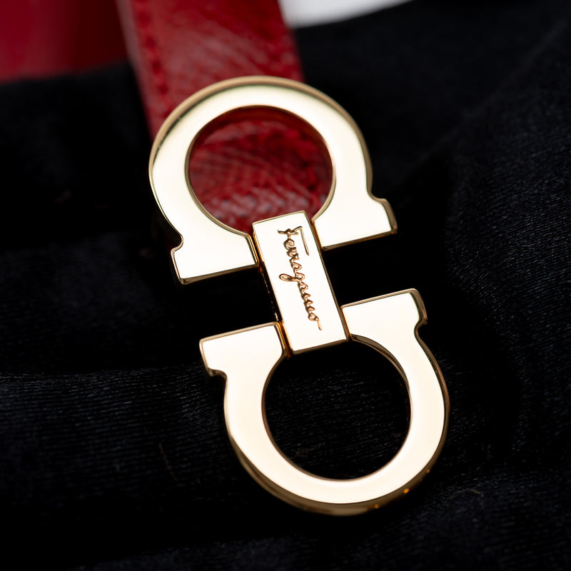 Ferragamo Lipstick Red Leather Gancini Belt with Gold Buckle Size 80