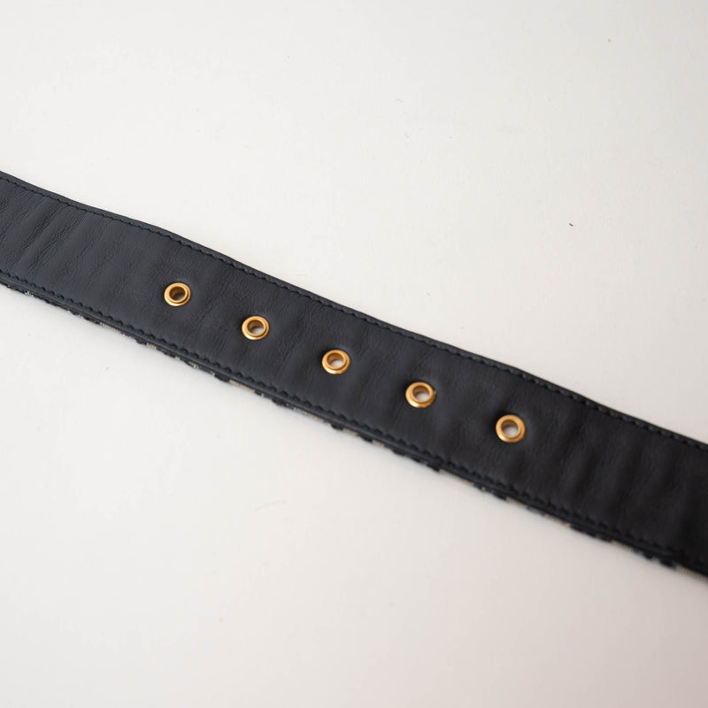 Dior Gold Buckle Black Leather Patterned Canvas Belt Size 70/27"