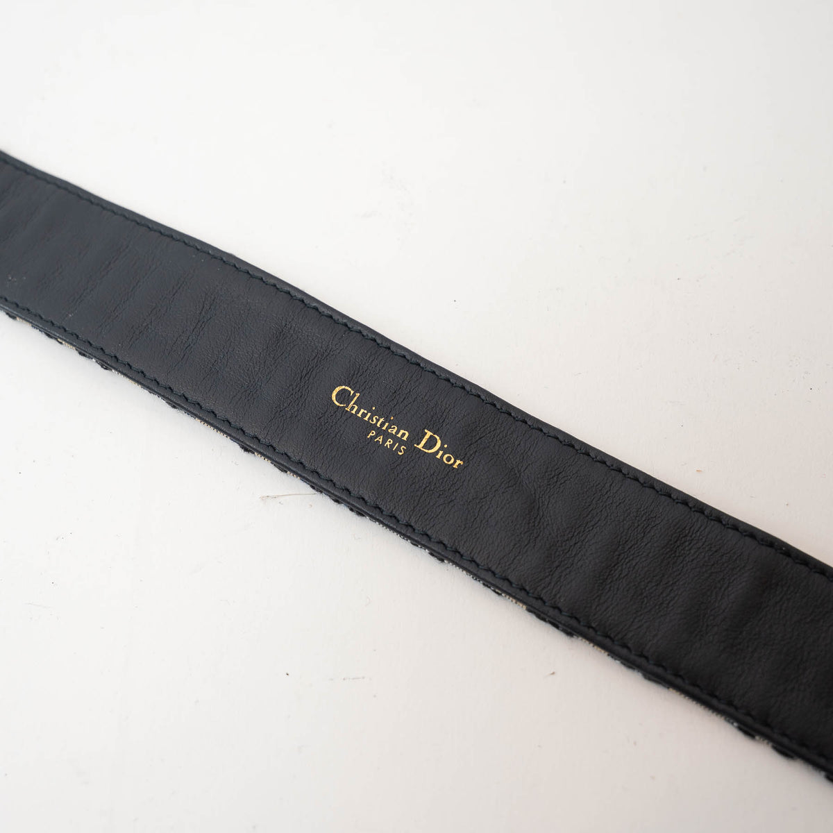 Dior Gold Buckle Black Leather Patterned Canvas Belt Size 70/27"