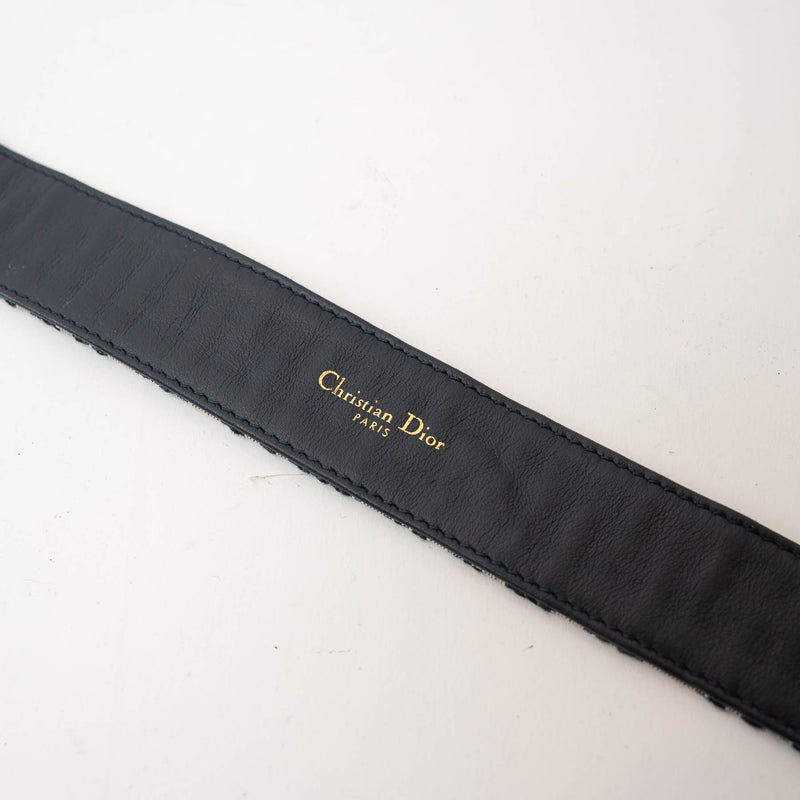 Dior Gold Buckle Black Leather Patterned Canvas Belt Size 70/27"