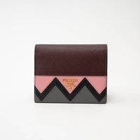 Prada Burgundy Saffiano Leather with Pink/Black/Grey Zig Zag Bifold Wallet