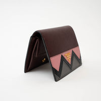 Prada Burgundy Saffiano Leather with Pink/Black/Grey Zig Zag Bifold Wallet