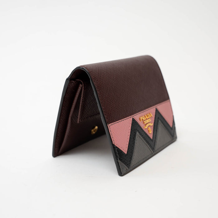 Prada Burgundy Saffiano Leather with Pink/Black/Grey Zig Zag Bifold Wallet