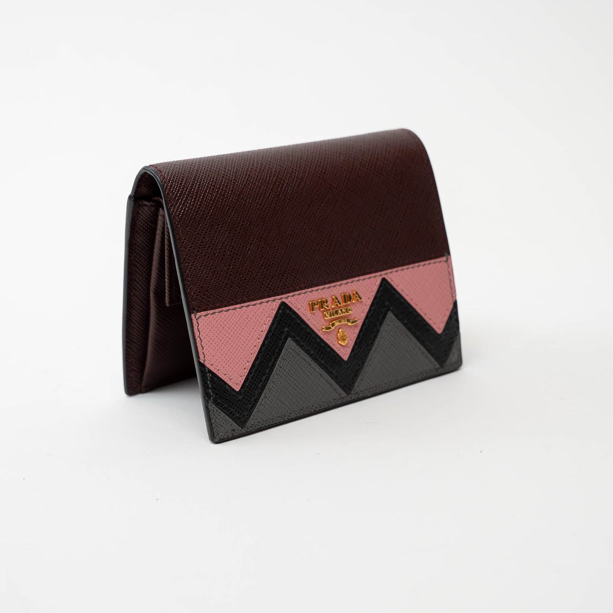 Prada Burgundy Saffiano Leather with Pink/Black/Grey Zig Zag Bifold Wallet